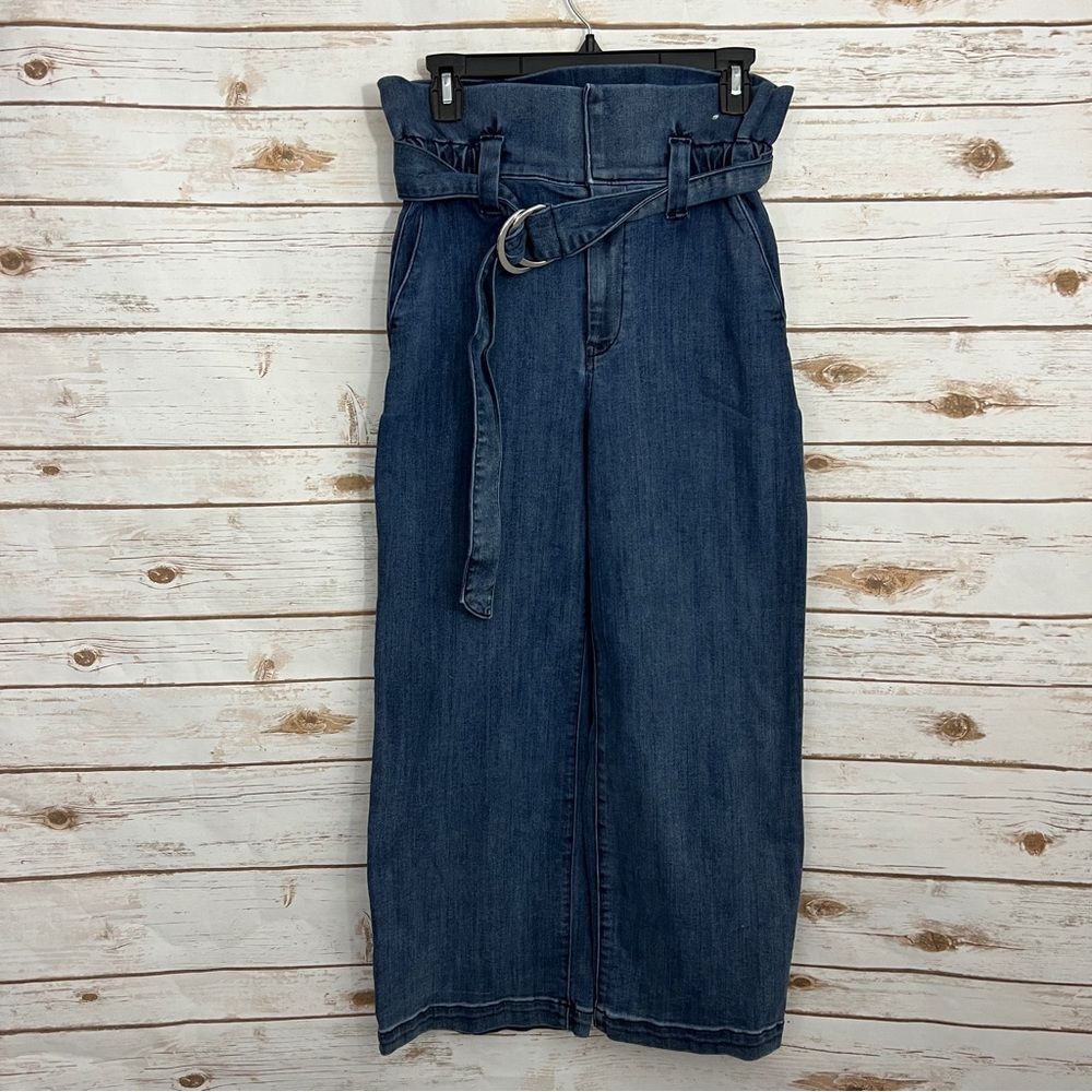 Express Dark Wash Paperbag Belted High Rise Cropped Wide Leg Jeans